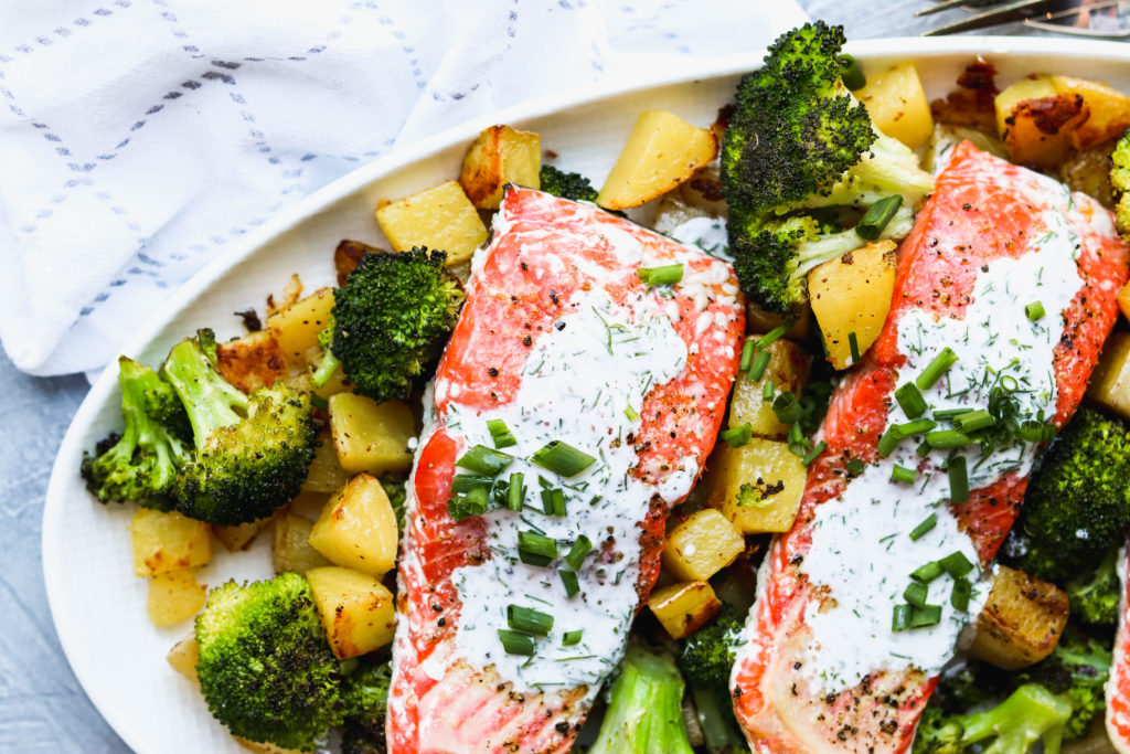 Sheet Pan Salmon Dinner with Creamy Dill Sauce